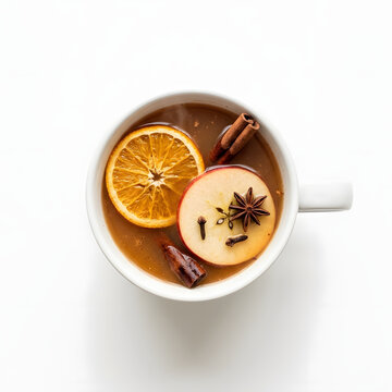 High angle top down view of a warm ceramic mug filled with spiced mulled apple cider garnished with floating apple slice dried orange cinnamon and star anise isolated on white background