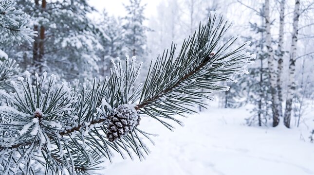 Frosty pine branch with a cone in a snowy winter forest landscape