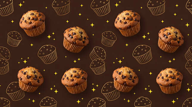 Seamless pattern of delicious golden baked chocolate chip muffins accompanied by golden linear cupcake doodle sketches and twinkling star dust scattered over a rich dark chocolate background