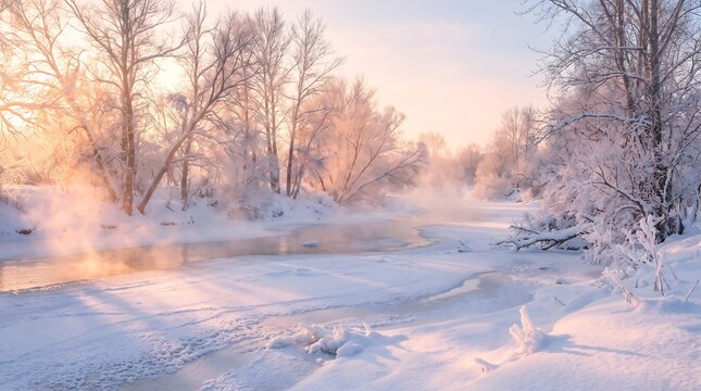 Winter landscape with frozen river and snow covered trees at sunrise