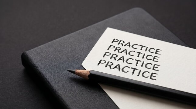 Black pencil resting on a notebook with the word practice written on