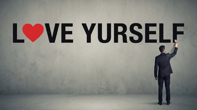 Businessman writing Love Yourself on a concrete wall for mental