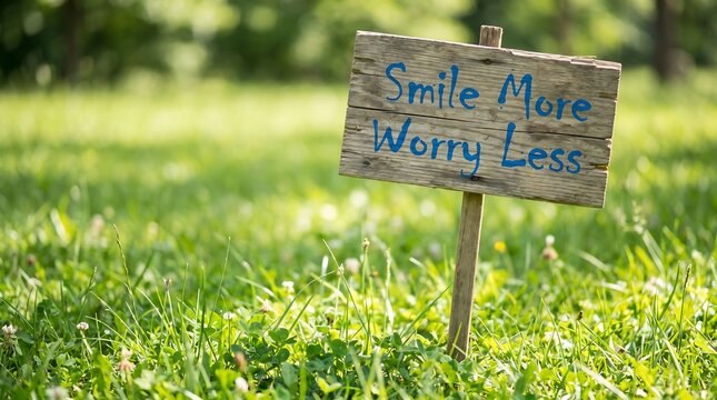 Wooden sign with Smile More Worry Less text in a sunny green meadow