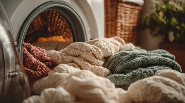 Soft, colorful knitted garments are piled near an open washing machine. This shot conveys warmth, comfort, and the concept of laundry day.