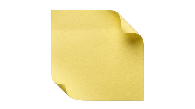 A single yellow sticky paper note with a curled corner for office reminders and task planning on a flat surface isolated on transparent background