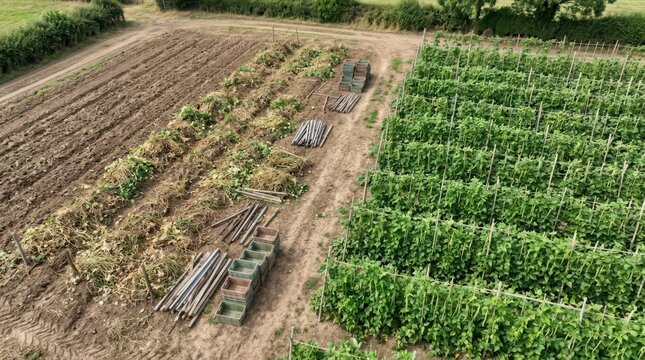 Aerial view of a thriving vegetable garden with rows of lush green plants ready for harvest.