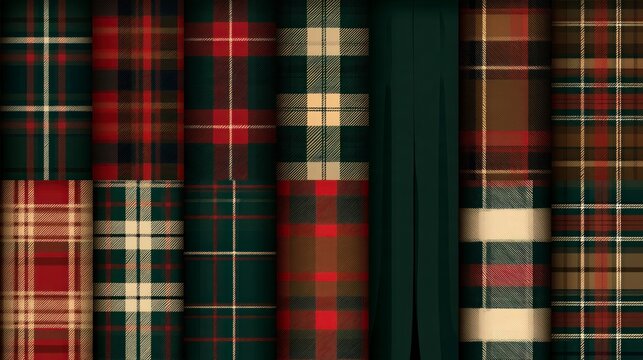 Collection of Festive Plaid and Tartan Fabric Patterns in Red and Green