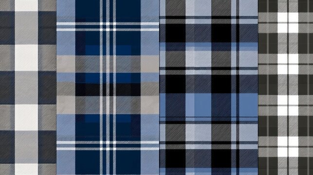 Set of Four Plaid and Tartan Seamless Pattern Backgrounds in Shades of Blue, Grey, and Black