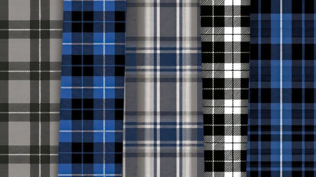Set of Blue, Black, and Gray Plaid Patterns, Traditional Tartan Fabric Texture Backgrounds