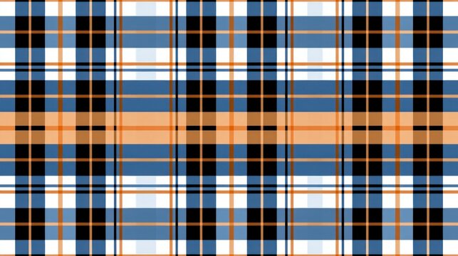 Seamless Plaid Pattern with Blue, Orange, Black, and White Intersecting Stripes