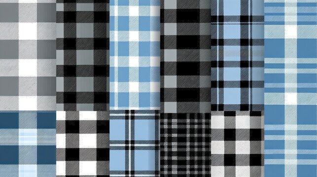Set of Blue, Black, and White Plaid and Tartan Seamless Patterns for Textile and Backgrounds