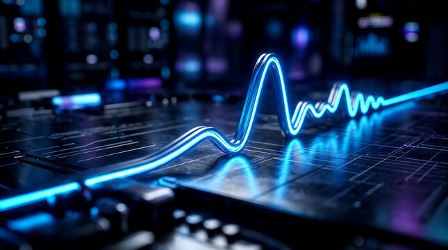 Metallic pulse graph glowing with digital lines and abstract data visualization