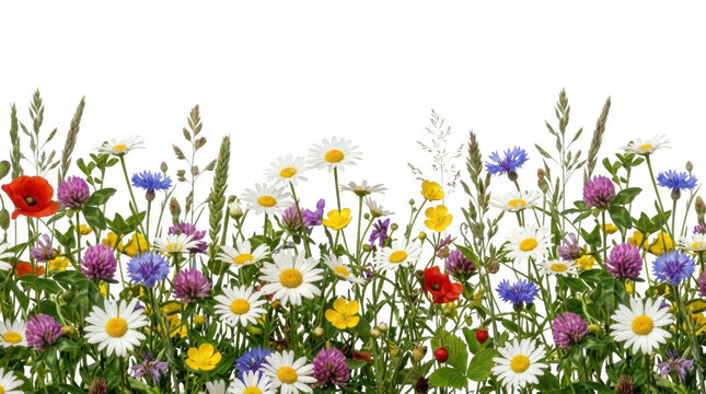 Colorful wild meadow flowers including daisies poppies and cornflowers arranged in a horizontal border frame design isolated on transparent background