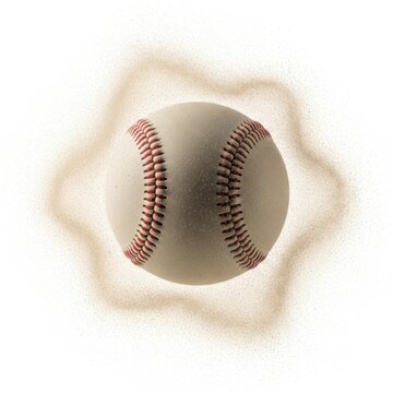 A close-up view of a baseball with red stitching and a greenish background blur isolated on transparent background