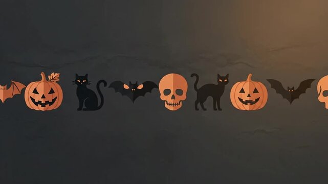 Halloween horizontal scrolling animation featuring flat vector pumpkins bats cats and skulls against a dark textured background