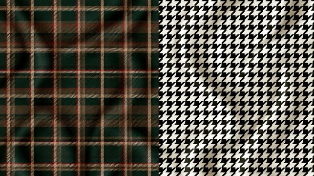 Classic textile patterns background featuring green tartan plaid and black and white houndstooth fabrics with elegant folds