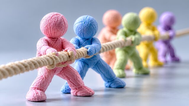 Team competition and collaboration concept with colorful figures pulling rope in tug of war challenge