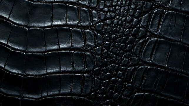 High-resolution close-up of dark black crocodile leather texture, alligator skin pattern background for luxury fashion design