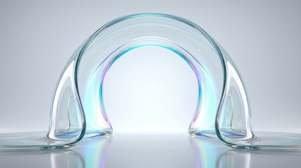 Fototapeta premium Futuristic liquid glass tunnel glows in cool blue tones with reflective curved surfaces and a bright center. Concept tech branding, websites, presentations and banners. Generative AI.