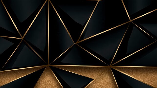 Luxury Abstract Black and Gold Geometric Background with 3D Triangular Pattern and Golden Glitter Accents