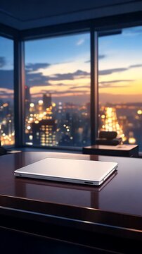 Modern Minimalist Office Desk with City Lights Bokeh Vertical B-Roll Background