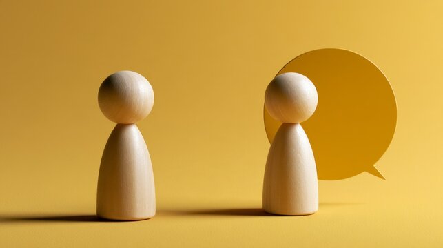Two wooden peg dolls with a speech bubble on a yellow background representing communication and dialogue.
