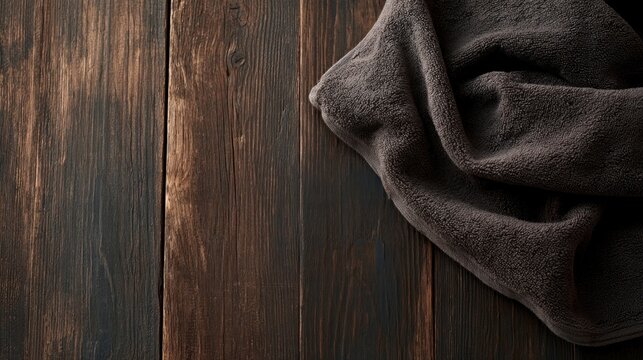 Dark grey textured towel draped on rustic dark wooden background with copy space