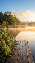 Fototapeta premium Misty Lake Sunrise Wooden Pier Nature Landscape