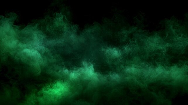 Atmospheric emerald green smoke and mysterious fog wisps swirling on black background