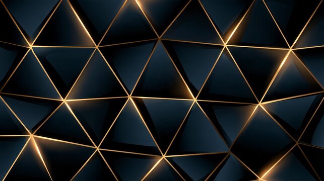 Abstract 3D Geometric Background with Dark Blue Triangles and Glowing Gold Edges Luxury Texture