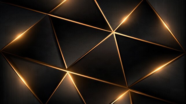 Abstract Luxury Black and Gold Geometric Background with 3D Polygons and Glowing Edges