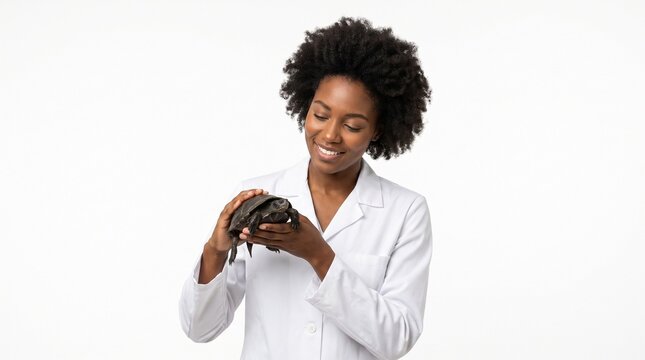 Young Black Woman Scientist Wearing Lab Coat Holding a Small Turtle with Care and Interest on white background