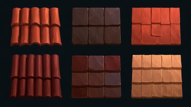 Set of Stylized Roof Tile Textures and Game Assets, Hand Painted Cartoon Style Clay and Stone Tiles for Environment Design