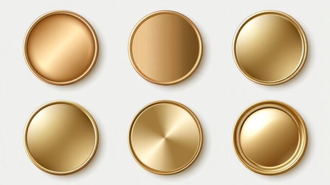 Set of gold metallic round buttons with various glossy and brushed textures, isolated on white background. Realistic vector design elements for web and app interfaces.