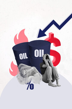 Banner pop sketch 3d poster banner collage of depressed girl hold head oil barrel price inflation collapse arrow regress