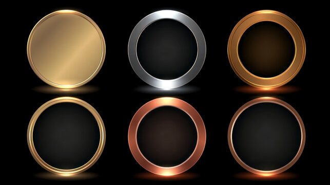 Set of glossy metallic circle frames in gold, silver, and bronze colors with glowing light effect on black background