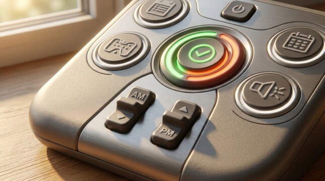 accessible interface control concept Remote control with colorful circular button and volume controls on wooden surface