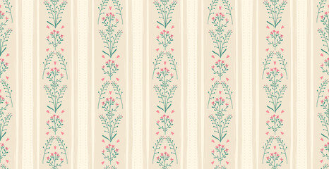 Naklejka premium Floral pattern with seamless flowers and stripes, vintage wallpaper design. Seamless pattern with retro botanical motif, simple spring flowers and stripes. Floral background, vector illustration