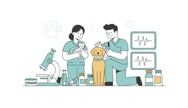 Male and female veterinarians in scrubs examining a pet dog and cat surrounded by medical tools and monitors in a bright clinic.