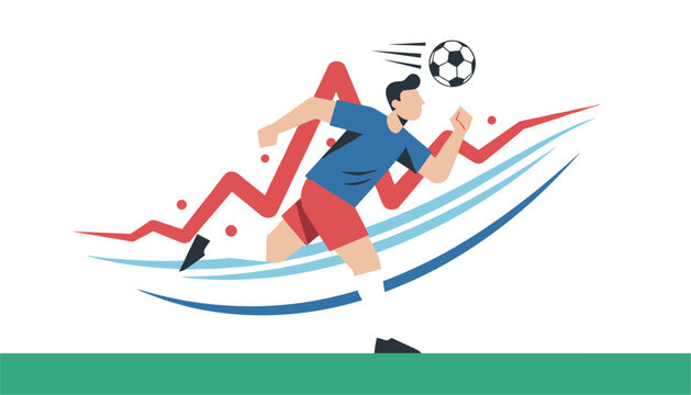 Dynamic illustration of a soccer player running with a ball while a red growth chart line rises steeply in the background behind him.