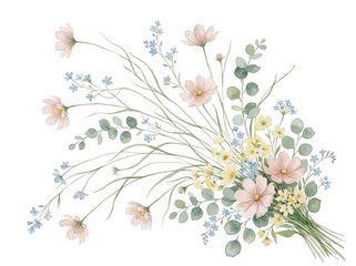Fototapeta premium Whimsical watercolor floral spray with pink cosmos and eucalyptus isolated on transparent background
