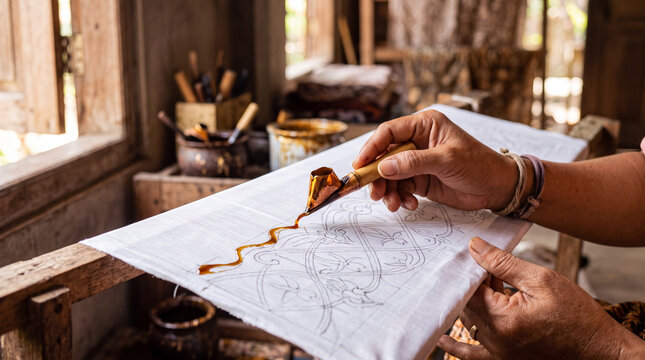 Hands dip brush in golden pigment, tracing delicate patterns. Paper rests on wooden table, covered in intricate outlines. Wooden shelves hold tools, hinting at artisan tradition