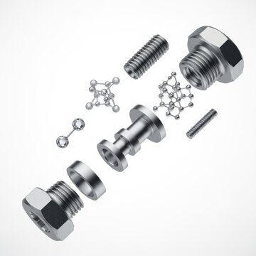 Exploded view of mechanical and molecular bolt assembly components isolated on transparent background