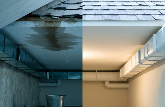 A split image contrasting a damaged ceiling with water stains and dripping water into a bucket on the left and a clean, well-maintained ceiling with ductwork on the right.