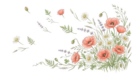 Obraz premium Wildflower arrangement with red poppies and flying petals isolated on transparent background