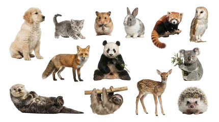 Obraz premium Set of various cute wild and domestic animals including dog cat rabbit panda fox and deer on a plain background isolated on transparent background