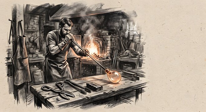 Fine art charcoal drawing glassblowing blowpipe and jacks on oatmeal paper