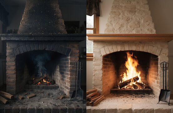A split image comparing a dirty, soot-covered fireplace with dying embers on the left and a clean, beautifully lit fireplace with a roaring fire on the right.