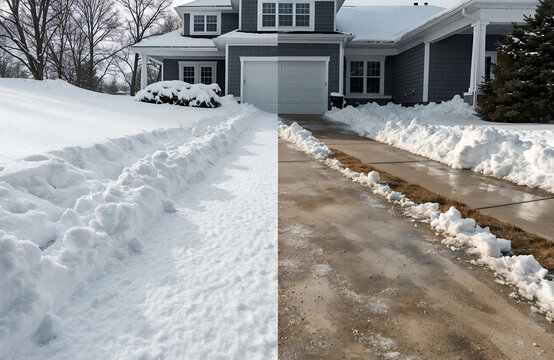 A split image showing a snowy, unplowed driveway on the left and a cleared, wet driveway with patchy snow on the right.