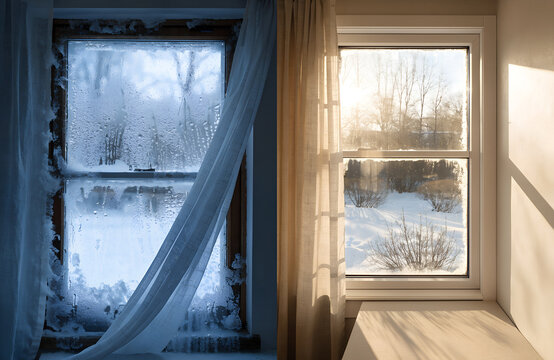 A split image showing a frosty windowpane with snow outside on the left and a clear window with sunlight and snow on the ground on the right.